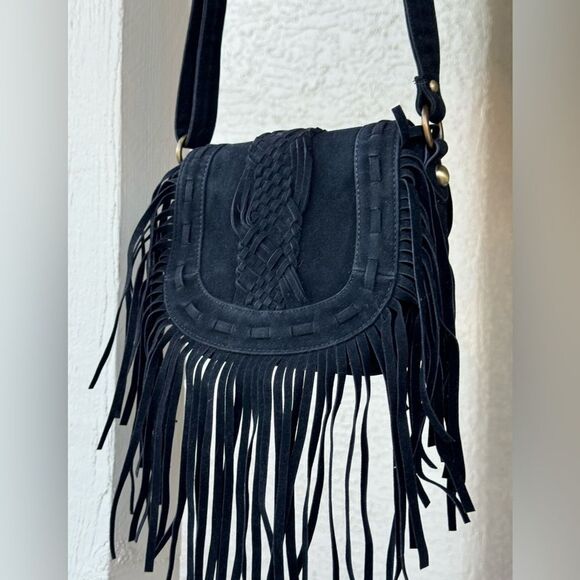 Street Level black suede fringed boho hippie 70’s retro vibe hobo bag - Picture 1 of 9